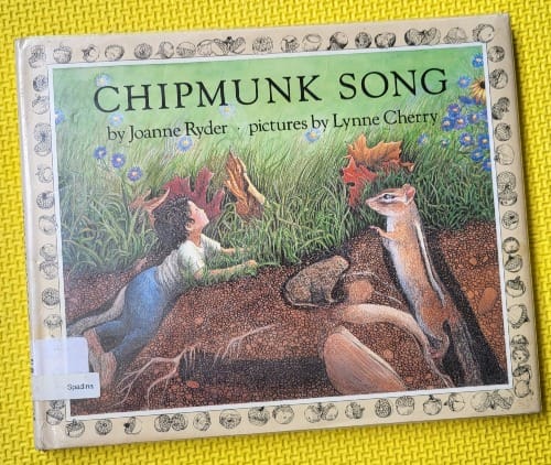 On the cover of Chipmunk Song, a child and a chipmunk mirror each other, both emerging from an underground burrow to a flower-covered lawn.