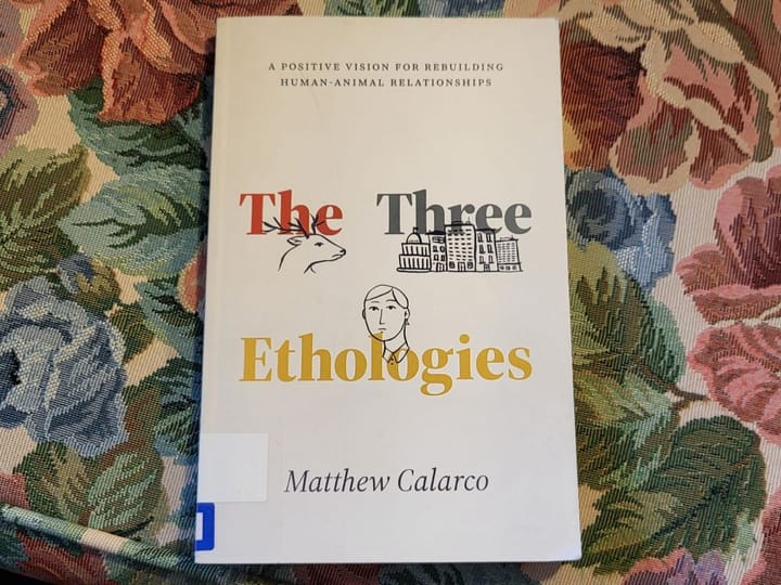 The book "The Three Ethologies" by Matthew Calarco sits on an  armchair.